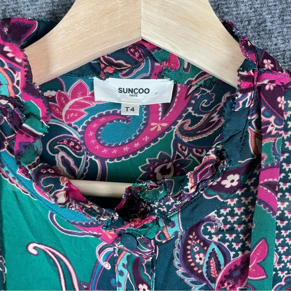 SUNCOO XL Paisley Ruffle Button Up Dress Blouse Green Pink Career Casual Office - Picture 6 of 12